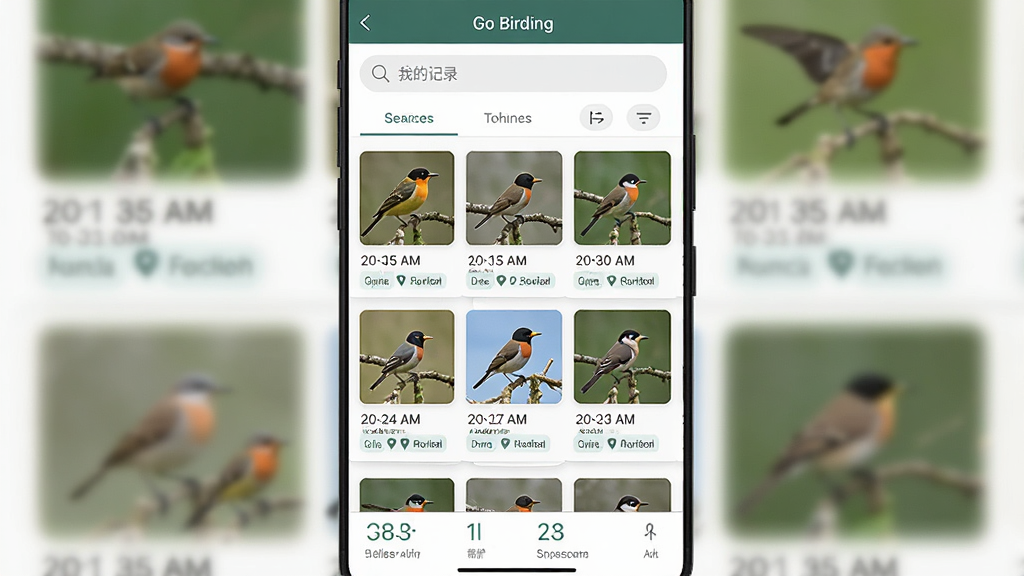 һ���ֻ�Ӧ�ý����ͼ���ͼƬ��������Go Birding�ġ��ҵļ�¼���б�ҳ����������������ɸѡ��ǩ���м��Ǵ�����ͼ�����ּ�¼��Ƭ���У��ײ�������ͳ����������Ϊ�����б����Ű���������������ϸ�ڰ���ʱ�����ص��ǩ�����ʸɾ��޶���Ԫ��