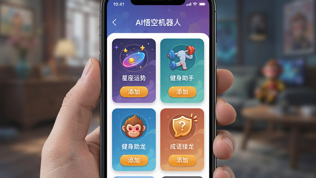一张展示“AI悟空机器人”技能商店界面的手机截图风格图片,屏幕上有各种技能卡片,如“星座运势”、“健身助手”、“成语接龙”等,每个卡片都有精美图标和“添加”按钮。构图采用手持手机视角,背景虚化,突出屏幕内容,风格为UI设计稿风格,色彩丰富,细节清晰,画质干净。