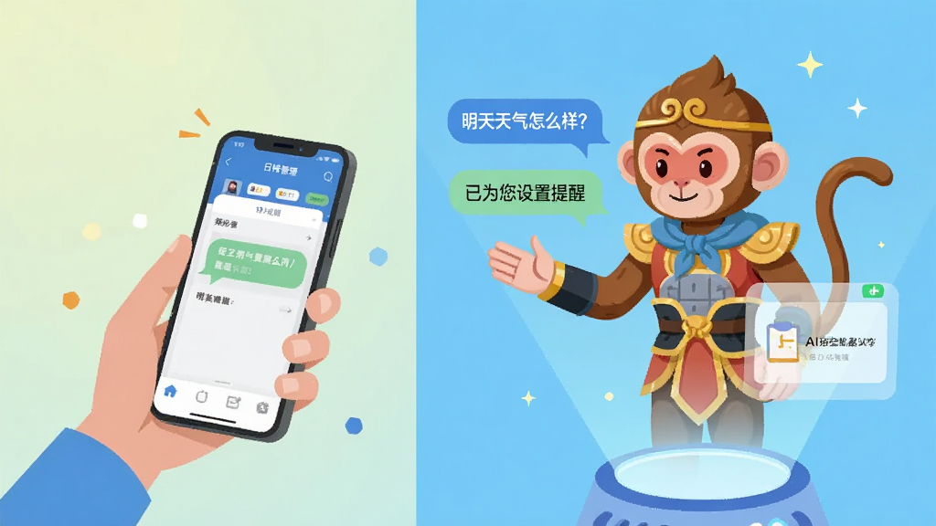展示“AI悟空机器人”语音交互场景的插画,画面左侧是用户手持手机,右侧是悬浮的AI悟空机器人全息投影,正在展示对话气泡和日程管理界面。构图采用分屏式布局,色彩明亮清新,风格现代扁平,包含“明天天气怎么样?”和“已为您设置提醒”等对话文字,细节丰富,画质干净。