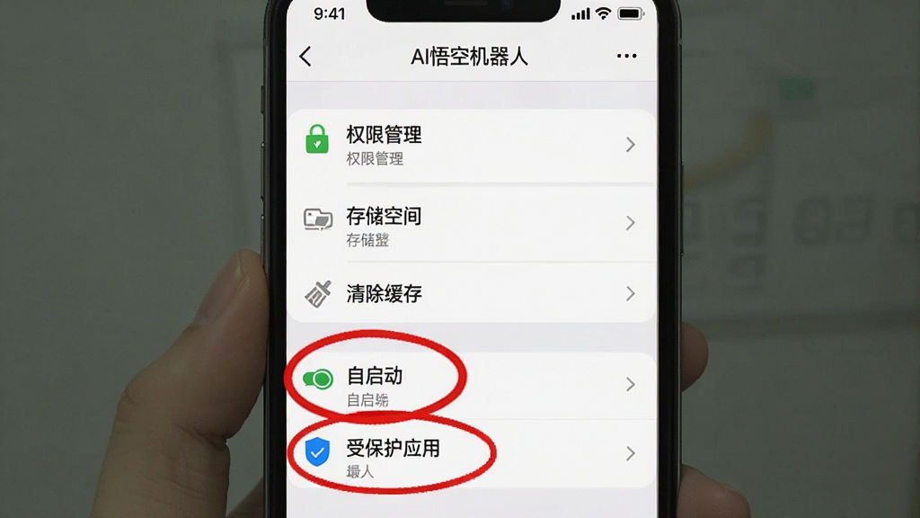 一张手机截图风格的教程配图,界面显示“AI悟空机器人”的设置页面,包含“权限管理”、“存储空间”、“清除缓存”等选项,并用红色圆圈标出“自启动”和“受保护应用”。构图居中,风格简洁清晰,UI元素细致,画质干净。