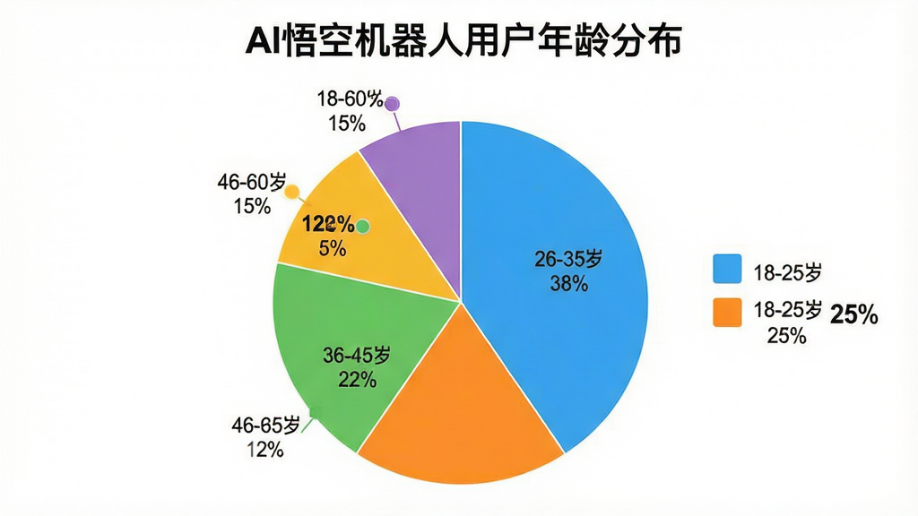一张饼状图,标题为“AI悟空机器人用户年龄分布”,数据显示:18-25岁占25%,26-35岁占38%,36-45岁占22%,46-60岁占15%。图表配色清新明亮,有图例和百分比标签,风格简洁,背景为白色,画质干净无多余元素。