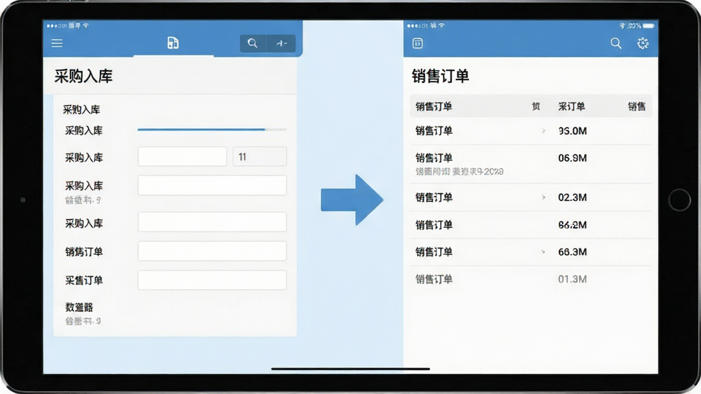 一张平板电脑的界面截图,左侧显示“采购入库”表单,右侧显示“销售订单”列表,中间有箭头图标表示数据实时同步,背景淡蓝色,整体界面采用扁平化设计,文字标签清晰,画质干净无多余元素。