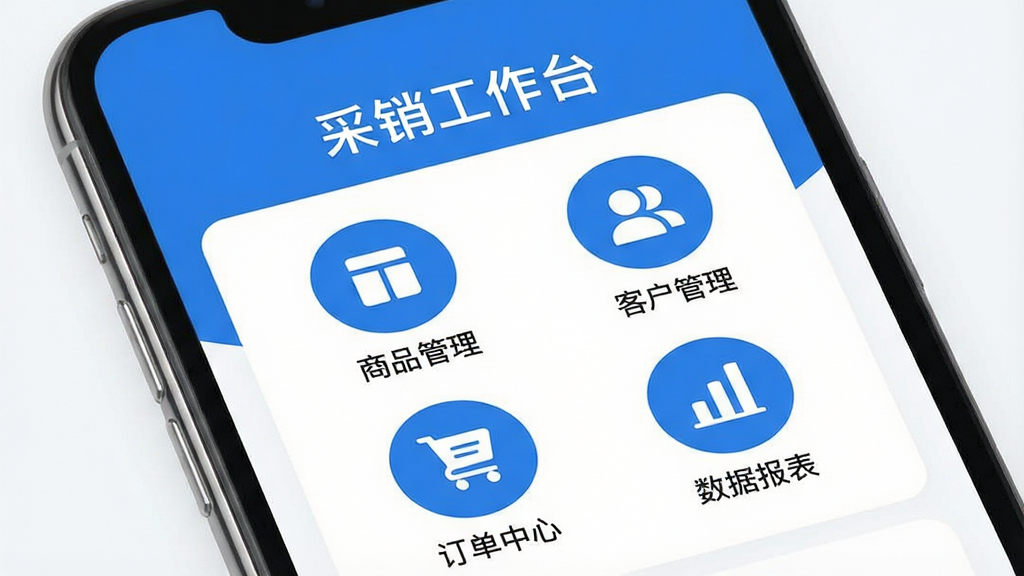 一张智能手机屏幕的特写,屏幕中央清晰显示“PSU采销联”的APP主界面,界面以蓝白配色为主,顶部有“采销工作台”字样,下方排列着“商品管理”、“客户管理”、“订单中心”、“数据报表”四个圆形功能图标,整体布局简洁清晰,扁平化设计风格,细节圆润,画质干净,无多余元素。