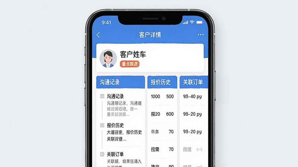 一个手机应用界面的设计稿,展示“客户详情”页面,上方是客户姓名和“重点跟进”标签,下方分栏展示“沟通记录”、“报价历史”、“关联订单”,界面以蓝白为主,信息层级分明,排版整洁,扁平化风格,画质干净。
