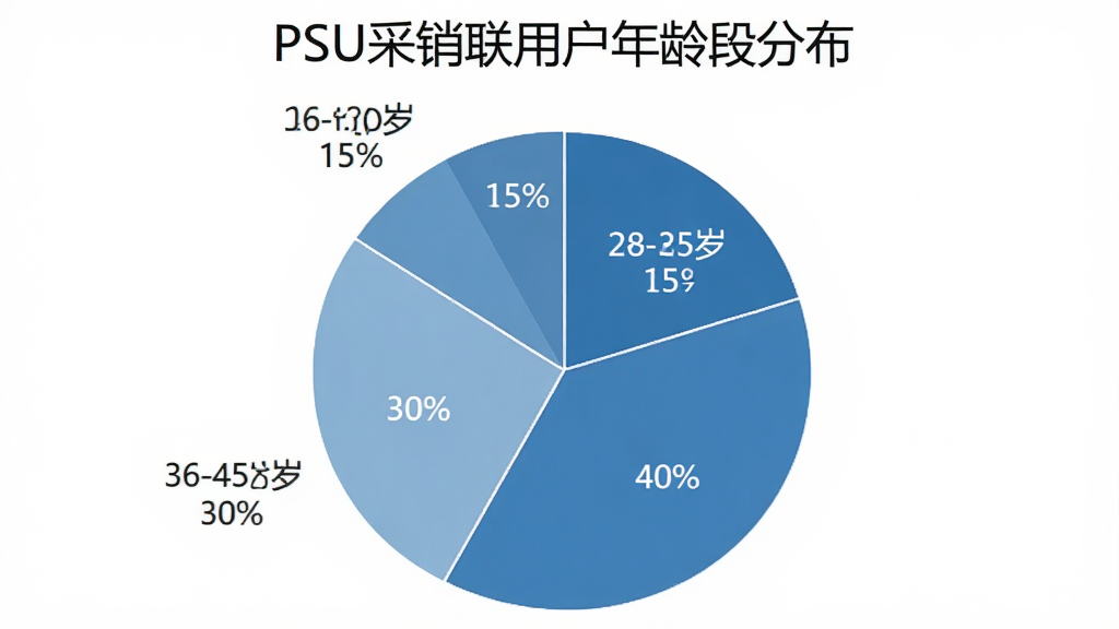 一张饼状图,标题为“PSU采销联用户年龄段分布”,图中显示18-25岁占15%,26-35岁占40%,36-45岁占30%,46-60岁占15%,图表以蓝色系为主,清晰易读,背景白色,无多余元素。