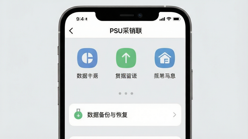 一张手机截图,显示“PSU采销联”的设置界面,重点突出“数据备份与恢复”选项,背景是浅灰色,界面简洁,文字清晰,大图标,扁平化风格,画质干净无多余元素。