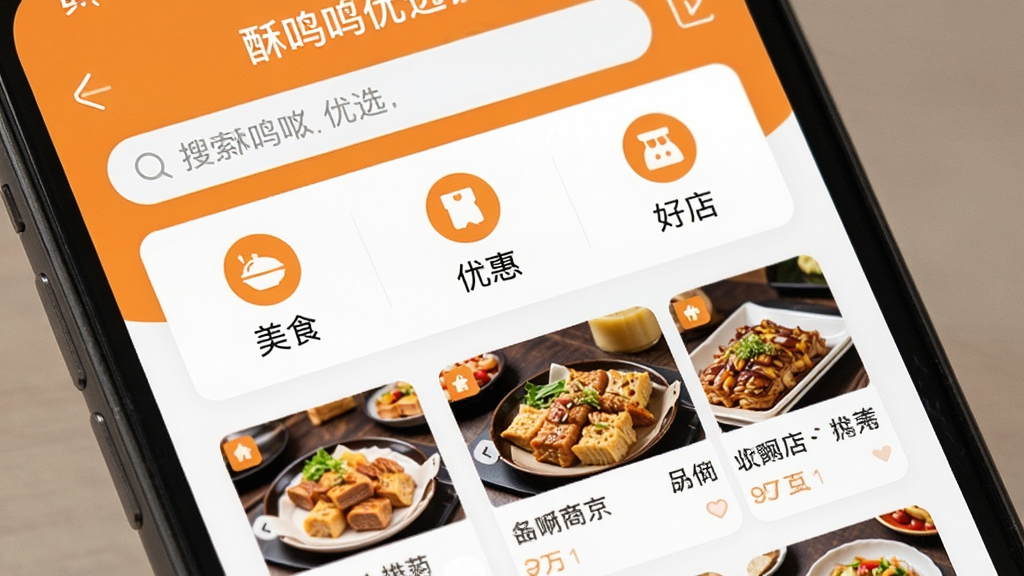 ͼƬ������һ�������ֻ���Ļ����д����Ļ��չʾ����������ѡ��App����ҳ���棬���������������м��Ƿ���ͼ���硰��ʳ�������Żݡ������õꡱ���·����Ƽ��̼ҵĿ�Ƭ�б��������������죬��ů��ɫ�Ͱ�ɫΪ��ɫ�������沼�����������ʸɾ����޶���Ԫ�ء�