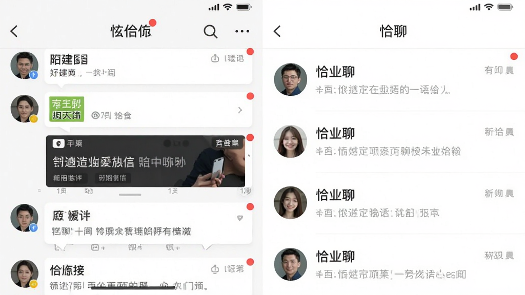 一张对比图,左边是其他聊天软件充满广告和红点推送的界面,右边是“恰聊”的简洁会话列表界面,右边界面干净整洁,只有几个联系人对话,无任何广告元素,风格现代扁平,画质干净无多余元素