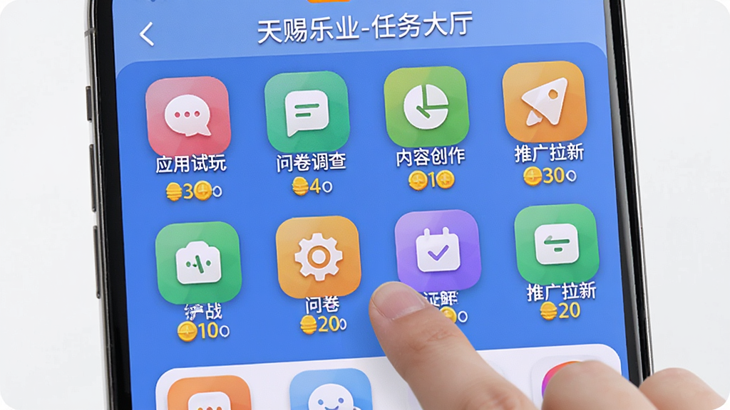 ͼƬ����Ϊһ���ֻ�App��ͼ����ͼ����Ϊ�������ҵ-��������������水������ʽ�����š�Ӧ�����桢�ʾ����顢���ݴ������ƹ����¡��Ȳ�ɫͼ�꣬ÿ��ͼ���·����ж�Ӧ�Ľ����������ͼ�·�����һֻ�ֵ����Ļ�Ķ�����������Ƽ��������ͼ��Բ��ɫ�ʷḻ�����ʸɾ����޶���Ԫ�ء�
