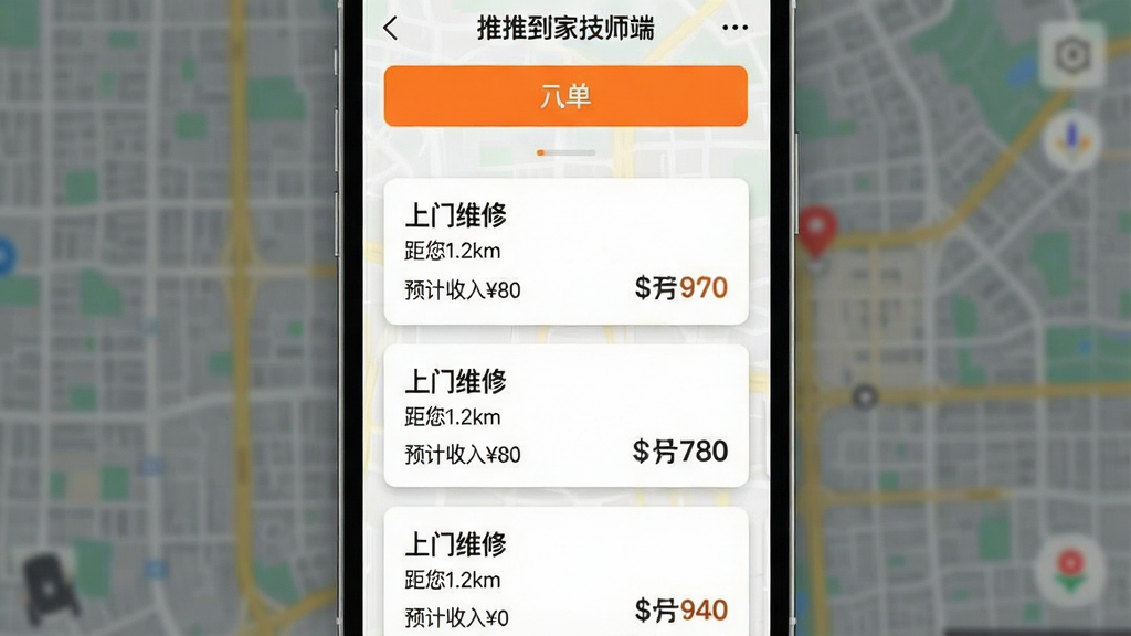 һ���ֻ�APP�����������ͼ�����������ǡ����Ƶ��Ҽ�ʦ�ˡ������������б����棬ÿ��������Ƭ��������ע������ά�ޡ���������1.2km������Ԥ������80������������Ƭ��ɫΪ��ɫ�����������Ӱ��������һ����Ŀ�ĳ�ɫ����������ť��������ģ�������ĳ��е�ͼ�������Ű���Ϣ�㼶�������������������дʵ�����ʸɾ��޶���Ԫ�ء�