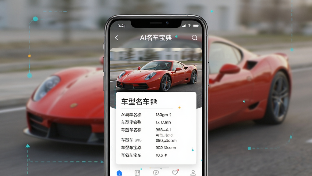 一张演示手机APP功能的界面图,手机屏幕中有一辆红色跑车的照片,并弹出信息卡片显示车型名称和详细参数,界面标注“AI名车宝典”字样,背景虚化,突出AI识别功能,构图简洁,画质干净。