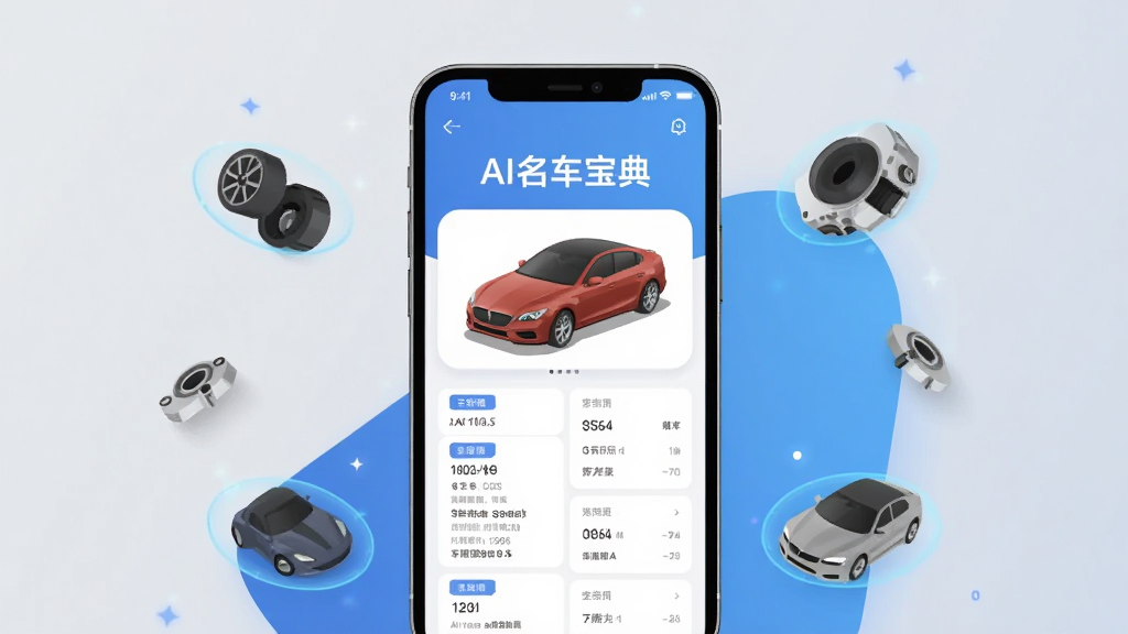一幅现代扁平化风格的数字插画,主体是智能手机屏幕展示“AI名车宝典”APP界面,界面内显示多款名车3D模型和参数列表,背景是简洁的浅灰色与科技蓝渐变,四周有悬浮的汽车零件和光效,排版干净,突出软件名称“AI名车宝典”,整体风格专业且现代,画质干净无多余元素。