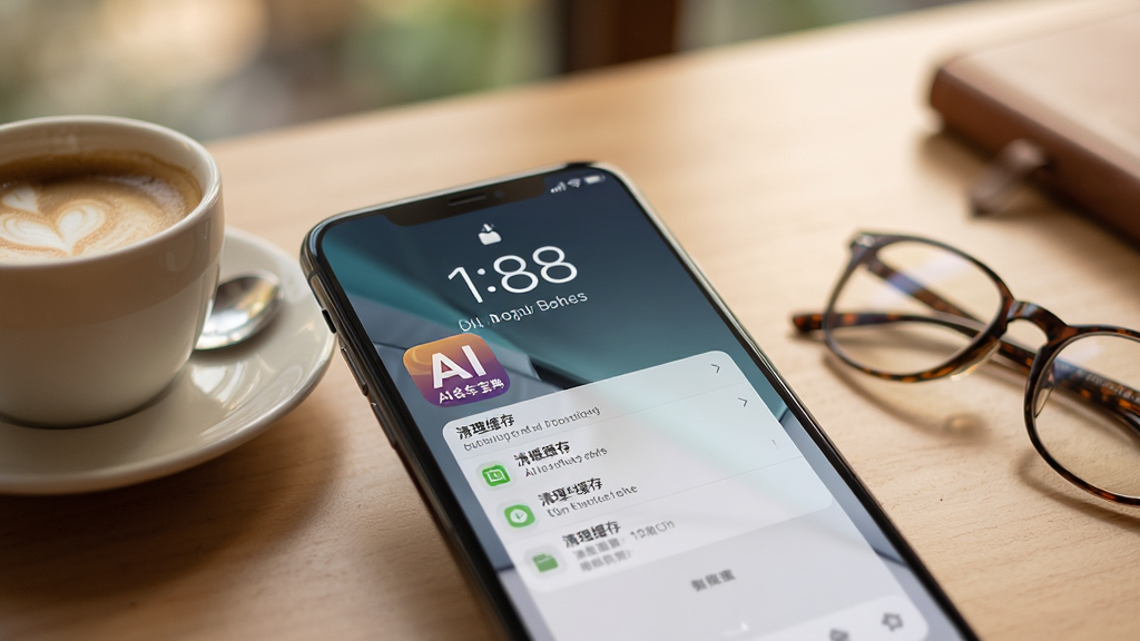 一张智能手机的锁屏界面特写,屏幕显示“AI名车宝典”APP图标和清理缓存设置菜单,旁边有一杯咖啡和眼镜,桌面环境温馨,浅景深效果,突出手机屏幕内容,画质干净。