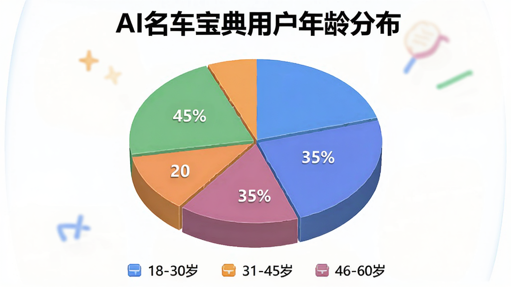 一张饼状图风格的示意图,用于展示用户年龄分布,标题为“AI名车宝典用户年龄分布”,分为18-30岁、31-45岁、46-60岁三个色块,比例大约为45%、35%、20%,背景干净,配色鲜艳,图表下方有图例说明。