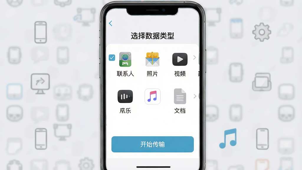 主体:手机搬家换机助手的操作界面截图,显示“选择数据类型”页面,勾选了联系人、照片、视频、音乐、文档等选项。布局:界面居中,周围有简洁的图标装饰。排版:清晰展示各个数据类型的图标和文字。风格:写实UI截图风格,背景为浅灰色。细节:有“开始传输”按钮,界面文字清晰。画质:高清,干净,无多余元素。