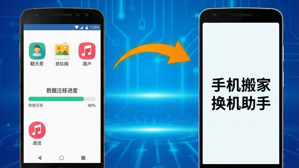 主体:一部安卓手机屏幕显示数据迁移进度条,另一部手机在旁边,屏幕上标注“手机搬家换机助手”字样。布局:左侧为旧手机,右侧为新手机,中间用弧形箭头连接,背景为渐变的蓝色科技感光效。排版:简洁明朗,突出软件名称和换机主题。风格:现代扁平插画风,色彩明亮。细节:手机屏幕上有联系人、照片、音乐等图标,传输线为亮橙色。画质:高清,干净,无多余元素。