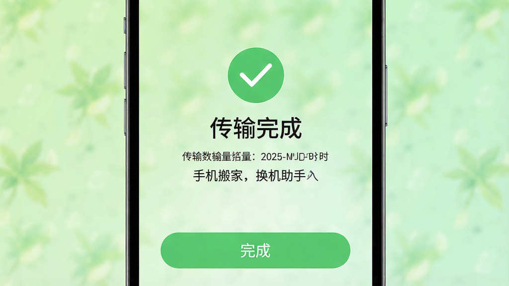 主体:一部手机屏幕显示“传输完成”的界面,旁边有对勾图标,文字标注“手机搬家换机助手”。布局:居中构图,手机下方有“完成”按钮。排版:简洁大方,突出成功提示。风格:清新自然风,背景为浅绿色渐变。细节:屏幕上显示传输数据量和用时,画质高清,干净,无多余元素。