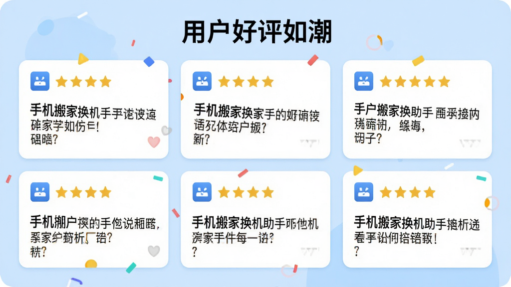 主体:用户评价截图合集,以卡片形式排列,每张卡片显示星级和评论文本,顶部标注“用户好评如潮”。布局:图片分为两排,每排三张卡片,背景为浅蓝色。排版:卡片整齐排列,文字清晰可读。风格:UI设计风格,色彩活泼。细节:卡上有“手机搬家换机助手”字样,画质高清,干净,无多余元素。