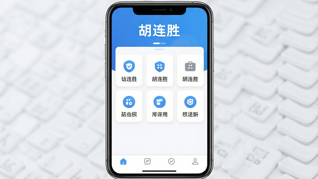 一张智能手机屏幕居中展示“胡连胜”软件主界面的高清截图,界面风格现代扁平,主色调为清爽的蓝白搭配,顶部显示“胡连胜”品牌字样,中间是核心功能图标网格布局,底部有简洁的导航栏,整体画质干净,无多余元素,光线柔和,细节清晰,突出软件的专业与易用性