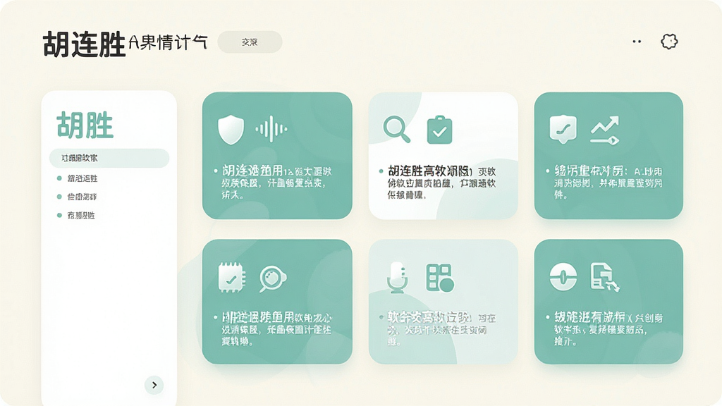 一张“胡连胜”软件功能详情页的界面设计图,以浅色背景为主,卡片式布局展示各项功能名称与说明,文字清晰,图标简洁,整体风格扁平化,细节圆润,画质干净无多余元素,色调统一,体现软件的清爽与高效
