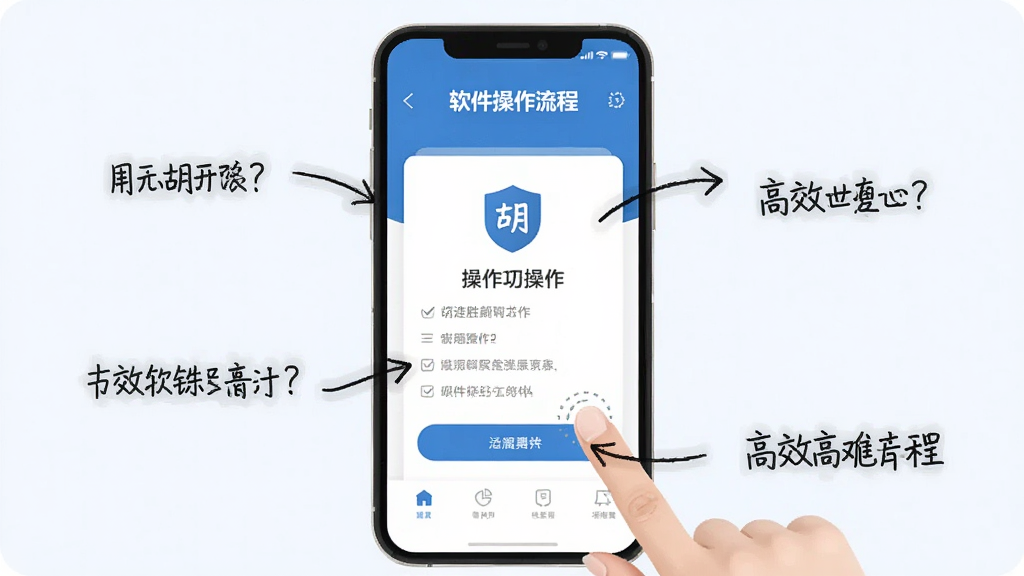 一张“胡连胜”软件操作流程的示意图,画面中心是手机屏幕展示某个功能操作界面,手写箭头指示点击步骤,背景简洁,配色以蓝白为主,画风干净,文字标注清晰,突出功能的高效与直观,整体风格现代扁平,画质干净无多余元素