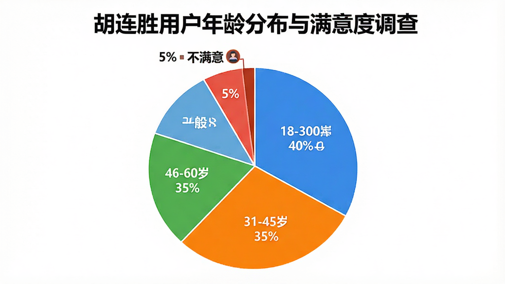 一张用户满意度饼状图,标题为“胡连胜用户年龄分布与满意度调查”,饼图分为四段,代表18-30岁(40%非常满意)、31-45岁(35%满意)、46-60岁(20%一般)、60岁以上(5%不满意),配色鲜艳,图标清晰,背景白色,风格简洁,画质干净无多余元素