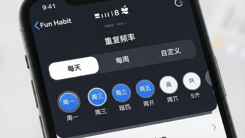 图片画面主体为“Fun Habit”应用内的习惯周期设置界面,屏幕中央显示“重复频率”选项,下方有“每天”、“每周”、“自定义”三个选项卡,当前选中“自定义”,下方展开周一到周日的圆形选择按钮,其中周一、周三、周五被填充为蓝色。整体排版清晰,风格现代,细节精致,画质干净。