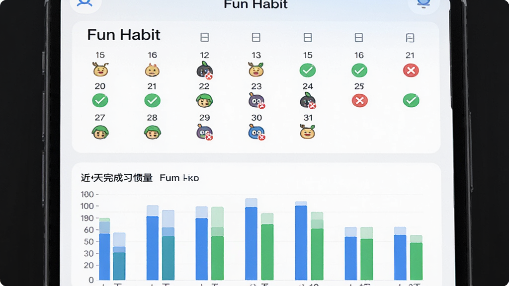 图片画面主体为“Fun Habit”应用内的统计页面,屏幕上方显示当月打卡日历,每个日期下方有对应习惯的小图标,有绿色对勾或红色叉号。下方是柱状图展示近七天的完成习惯数量。整体排版数据化且清晰,风格简洁现代,配色蓝白绿,画质高清干净。