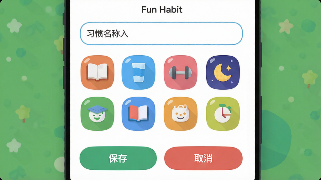 图片画面主体为“Fun Habit”应用内的新建习惯编辑页面,屏幕上方是习惯名称输入框,下方是两排圆润的彩色图标供选择,包括书本、水杯、哑铃、月亮等,当前选中“书本”图标并配有蓝色背景。页面底部有“保存”和“取消”按钮。整体排版简洁直观,风格扁平化,细节圆润,画质干净无多余元素。