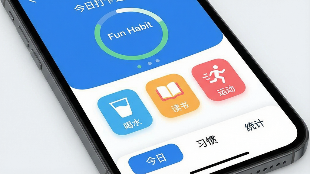 图片画面主体为一部智能手机屏幕特写,屏幕中央清晰显示“Fun Habit”应用主界面,界面布局以蓝白为主色调,顶部显示今日打卡进度环,中间排列着“喝水”、“读书”、“运动”等彩色圆角图标,底部有“今日”、“习惯”、“统计”三个选项卡。整体排版干净清爽,风格现代扁平,细节圆润,画质高清干净无多余元素。