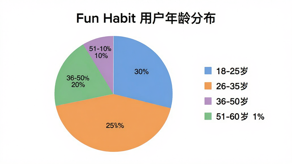 图片画面主体为一张饼状图,标题为“Fun Habit 用户年龄分布”,图中分为四个色块:18-25岁占30%,26-35岁占40%,36-50岁占20%,51-60岁占10%。图例在右侧,整体配色清新,风格简洁,画质高清干净无多余元素。