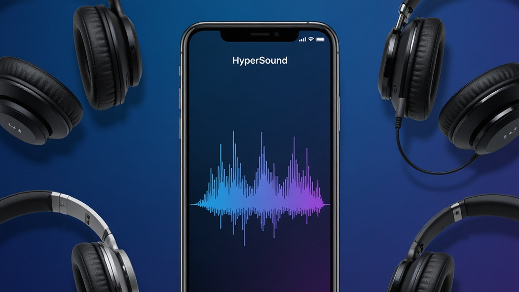 一张智能手机屏幕特写,屏幕中央显示“HyperSound”应用界面,界面以深色为主,带有蓝色和紫色的音频频谱动态波形,背景为干净的渐变深蓝色,周围散落着几副不同款式的耳机,构图居中,风格现代科技感,细节丰富,画质干净无多余元素。