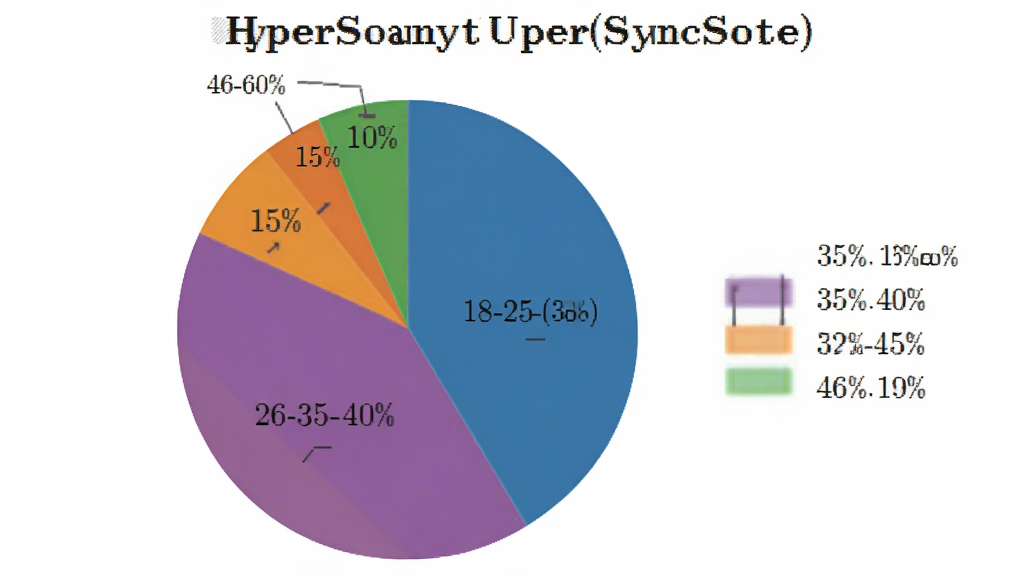 一张饼状图,显示HyperSound用户年龄分布,18-25岁占35%,26-35岁占40%,36-45岁占15%,46-60岁占10%,图表颜色分别为蓝、紫、橙、绿,图例清晰,背景为白色,风格简洁,画质干净。