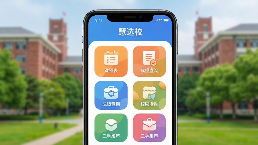 ͼƬչʾ����ѡУ��Ӧ�õĺ���ȫò������Ϊһ�������ֻ���Ļ����Ļ��������ʾ����ѡУ�������棬����Ϊ������ʽ���������γ̱��������ɼ���ѯ������У԰����������ּ��С��Ȳ�ɫͼ�꣬������ģ���Ĵ�ѧУ԰��ѧ¥�������������Ű���У�����ִ���ƽ����ƣ�ϸ��Բ�󣬻����������ã����ʸ���ɾ����޶���Ԫ�ء�
