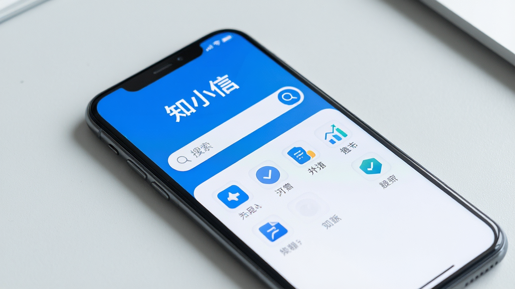 一张智能手机屏幕的特写,屏幕中显示“知小信”应用主界面,界面以蓝白为主色调,顶部显示“知小信”三个字,中间是一个搜索框和几个功能图标,布局简洁清晰,背景为干净的浅灰色桌面,画质干净无多余元素