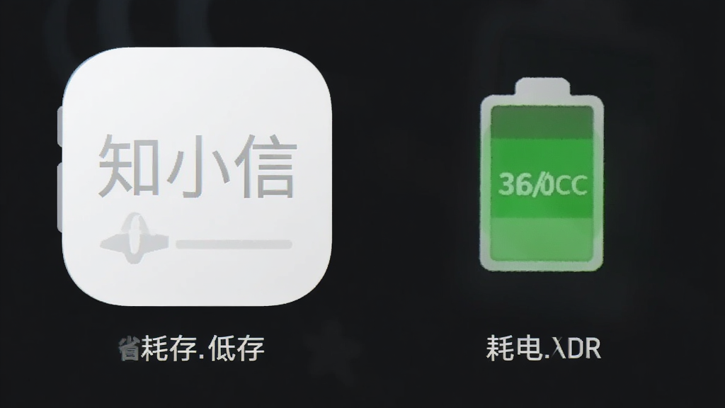“知小信”应用在手机后台运行的截图,显示内存占用低、耗电低,旁边有电池图标显示电量充足,背景为暗色系,突出省电特性,画质干净,无多余元素