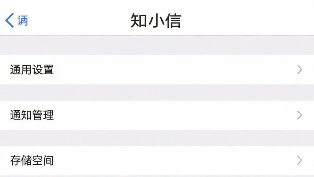一张手机截图,显示“知小信”的设置界面,包含“通用设置”、“通知管理”、“存储空间”等选项,背景为白色,文字清晰,界面风格简洁,画质干净无多余元素
