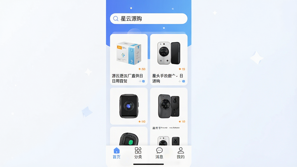 ͼƬչʾ����Դ���ֻ�Ӧ�õ������棬������Ƽ���ִ�����ɫ��Ϊ���׽��䣬������������ʾ������Դ�������м�����Ʒ�ٲ�������������Դͷ����ֱ�������ðٻ�������������ײ�����������ҳ�����ࡢ��Ϣ���ҵ��ĸ�ͼ�꣬����ƽ���������ʸɾ��������޶������֣�ͻ��Ӧ�����ơ�����Դ������