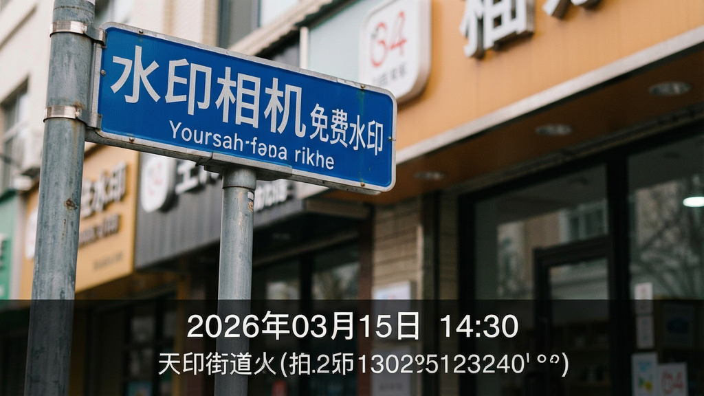 һ����д��Ƭ��չʾ��ˮӡ��������ˮӡ�����Զ���λˮӡЧ������Ƭ����Ϊһ���ֵ�·�ƺ͵������棬ˮӡ�����ڻ���ײ���������ʾ��2026��03��15�� 14:30���Լ���ȷ�Ľֵ����ƺ;�γ�����꣬���������ɱ棬���ֹ��������ʸɾ����޶���Ԫ�أ����дʵ��ϸ����ʵ��
