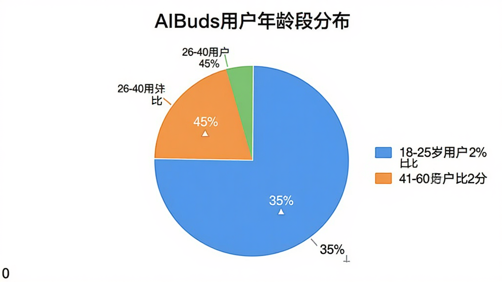 һ��չʾAIBuds�û����۵ı�״ͼ��ͼ����ʾ18-25���û�ռ��35%��26-40���û�ռ��45%��41-60���û�ռ��20%��ͼ������Ϊ��ɫ����ɫ����������Ϊ��AIBuds�û�����ηֲ�������������ֱ�ۣ����ݱ�ǩ��ʾ�ٷֱȣ����ʸɾ��޶���Ԫ��