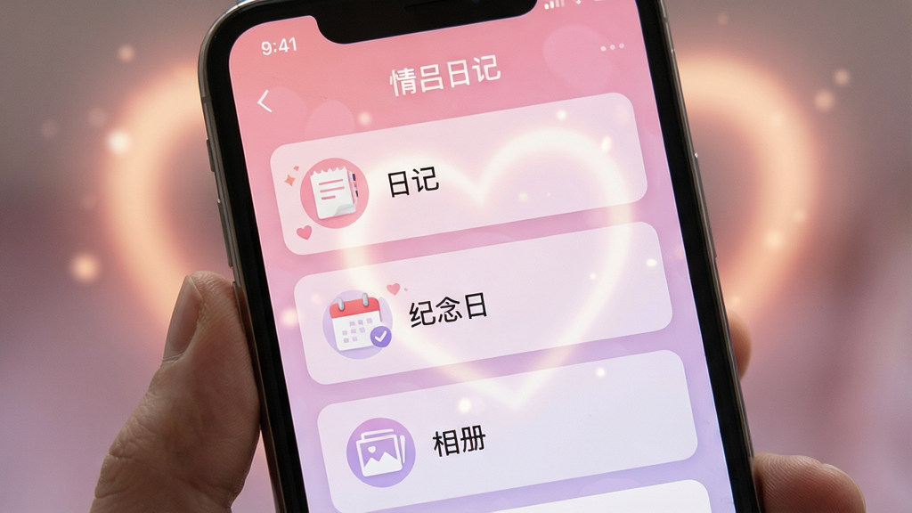 一张手机屏幕的正面特写,屏幕中央显示情侣日记APP的主界面,界面设计温馨浪漫,以粉色和淡紫色为主色调,主界面分为“日记”、“纪念日”、“相册”三大板块,每个板块都有精美的图标,背景有淡淡的心形光晕,整体画质干净无多余元素。