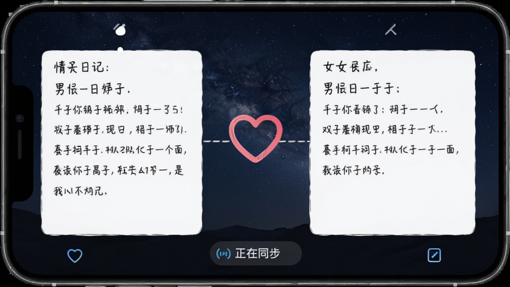 手机屏幕展示情侣日记的双人实时同步功能,界面分为左右两个区域,左边是男生写的日记,右边是女生写的日记,中间有一个心形连接符号,底部有“正在同步”的动画提示,背景是星空夜色,画质干净无多余元素。