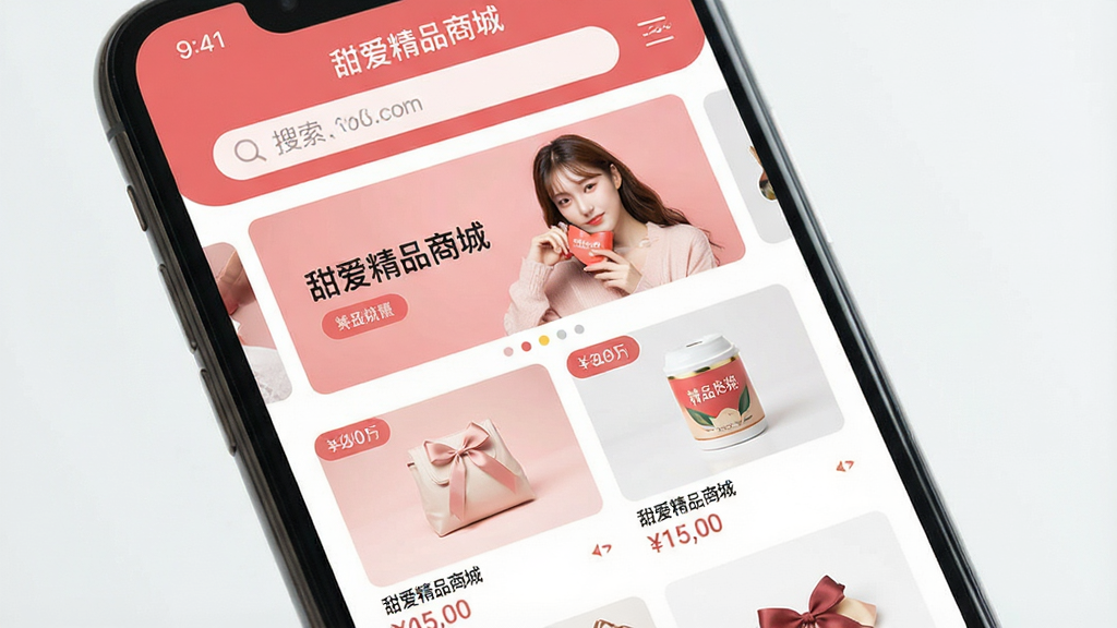 һ���ֻ���Ļ��д����Ļ��������ʾ���𰮾�Ʒ�̳ǡ�APP����ҳ���棬������Ƽ���ִ�������ů��ɫ�Ͱ�ɫΪ��ɫ�������������������м����ֲ����չʾ��ѡ��Ʒ���·���������Ʒ��Ƭ����Ƭ��չʾ�ž�������ƷͼƬ�ͼ۸��ǩ���������������������ʸ��壬�ɾ��޶���Ԫ�ء�