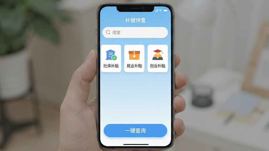 һ���ֻ�Ӧ�ý������ĸ���ͼƬ��������ʾ������һ����顱Ӧ�������棬���沼�ּ�࣬�������������м��ÿ�Ƭ��ʽ�г����籣������������ҵ������������ҵ��������ͼ�꣬�ײ��С�һ����ѯ����ť�����屳��Ϊǳ��ɫ���䣬ͼ�����ƽ�ִ������������ɶ������ʸɾ��޶���Ԫ��