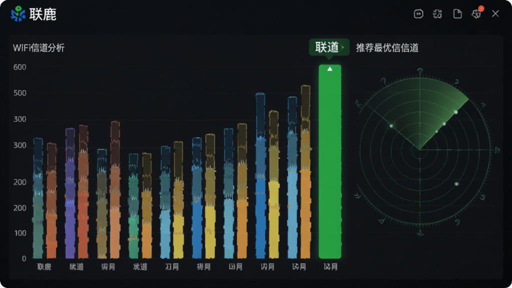 ��¹�������ŵ��������棬����Ϊ��ɫ��״ͼչʾ��ͬWiFi�ŵ���ӵ���̶ȣ�ͼ�б�ע����¹��Ʒ�������Ƽ������ŵ�����ɫ������������ݿ��ӻ���������ɫ���Ű�רҵ��ϸ�����״�ɨ�趯�������ʸɾ��޶���Ԫ�ء�