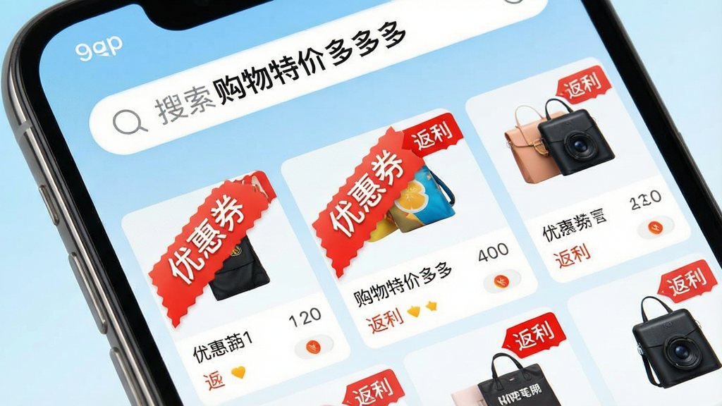 一张手机屏幕的特写,手机屏幕上清晰显示着“购物特价多多”的App主界面,界面风格清新简约,顶部搜索框醒目,下方瀑布流展示着各类商品卡片,每张卡片上标有醒目的“优惠券”和“返利”红色标签,背景是干净的浅蓝色渐变,画面明亮,细节丰富,字体清晰,画质干净无多余元素。