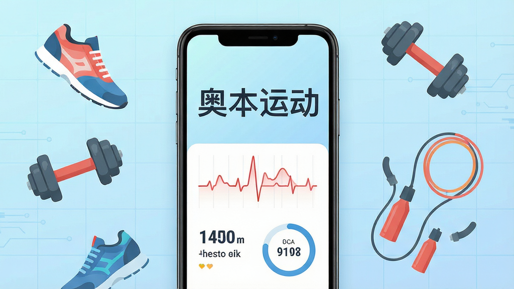 图片显示为一个智能手机界面特写,屏幕中央展示着“奥本运动”四个大字,下方是清晰的心率曲线和步数圆环数据图,手机周围漂浮着运动鞋、哑铃、跳绳等运动器材元素,风格扁平清新,背景是淡蓝色的科技感渐变网格,布局居中,排版整洁,画质高清干净,无多余文字和元素