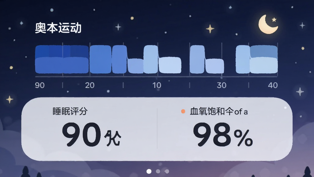 图片展示“奥本运动”的睡眠分析界面,上方是一个横向的时间轴,用不同深浅的蓝色块区分深睡和浅睡阶段,下方显示睡眠评分90分和血氧饱和度98%的大数字,背景是夜晚星空的柔和暗色插画,手机UI界面圆润,排版舒适,风格温馨助眠,画质细腻干净,无多余元素