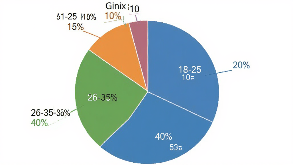 һ�ű�״ͼ��չʾ��Ginix���û�����ηֲ���18-25��ռ20%��26-35��ռ40%��36-50��ռ30%��51-60��ռ10%����ɫ��������ע����ٷֱȣ�����࣬���ʸɾ���