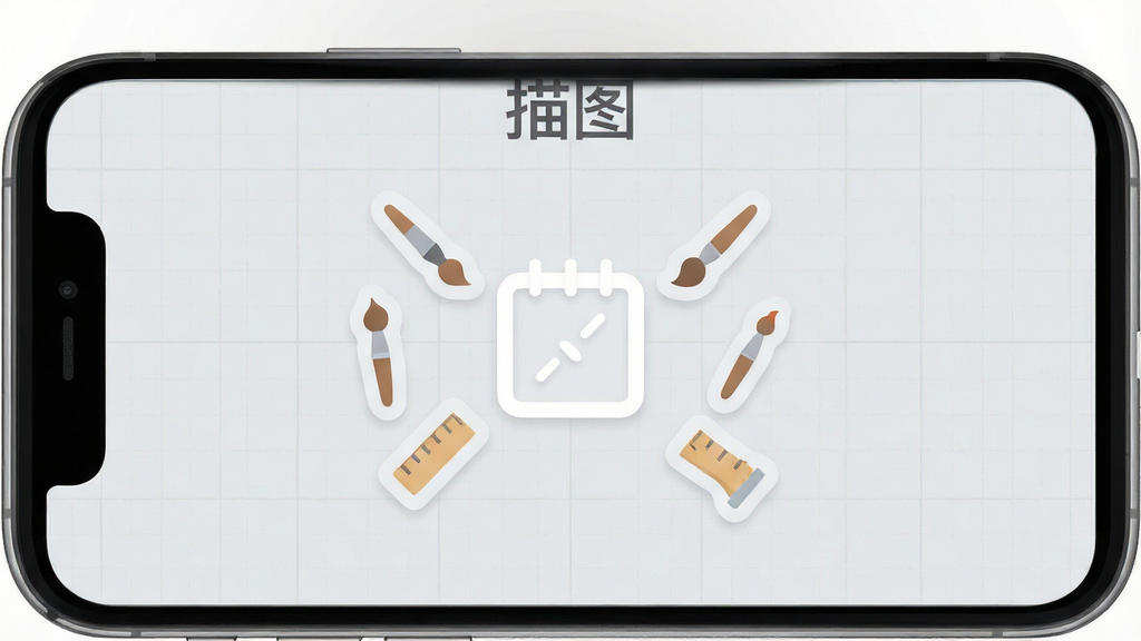 一幅展示手机屏幕的图片,屏幕中央显示“描图”软件的启动界面,界面以浅灰色为主调,背景是淡淡的网格纸纹理,中央有一个简洁的白色画板图标,周围漂浮着几支画笔和尺子的小图标,整体布局干净清晰,排版居中,风格扁平化设计,细节圆润,画质干净无多余元素